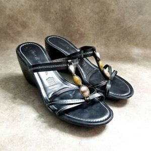 Kelly & Katie Womens   Size 7 Black  Leather Open Toe Strappy 3" Wedge Sandals
